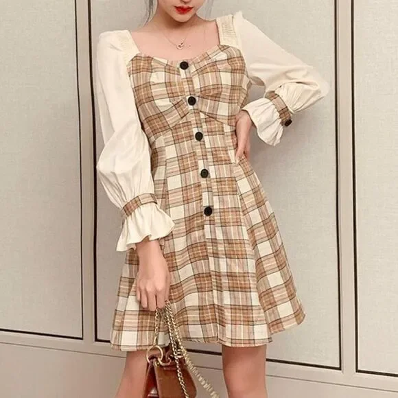 Korean Tan and Cream Plaid Dress | Color: Cream/Tan | Size: S | Pm-63403036'S Closet